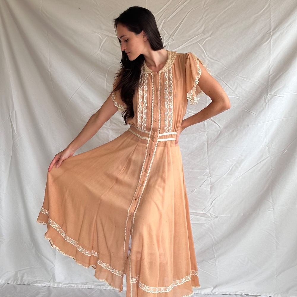 Rare 70s pink/tan vintage Gunne Sax by Jessica San Francisco dress.